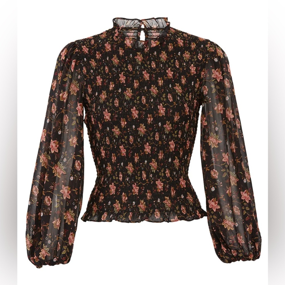 J.O.A. Black Floral Smocked‎ Sheer Long Sleeve Blouse – Size S